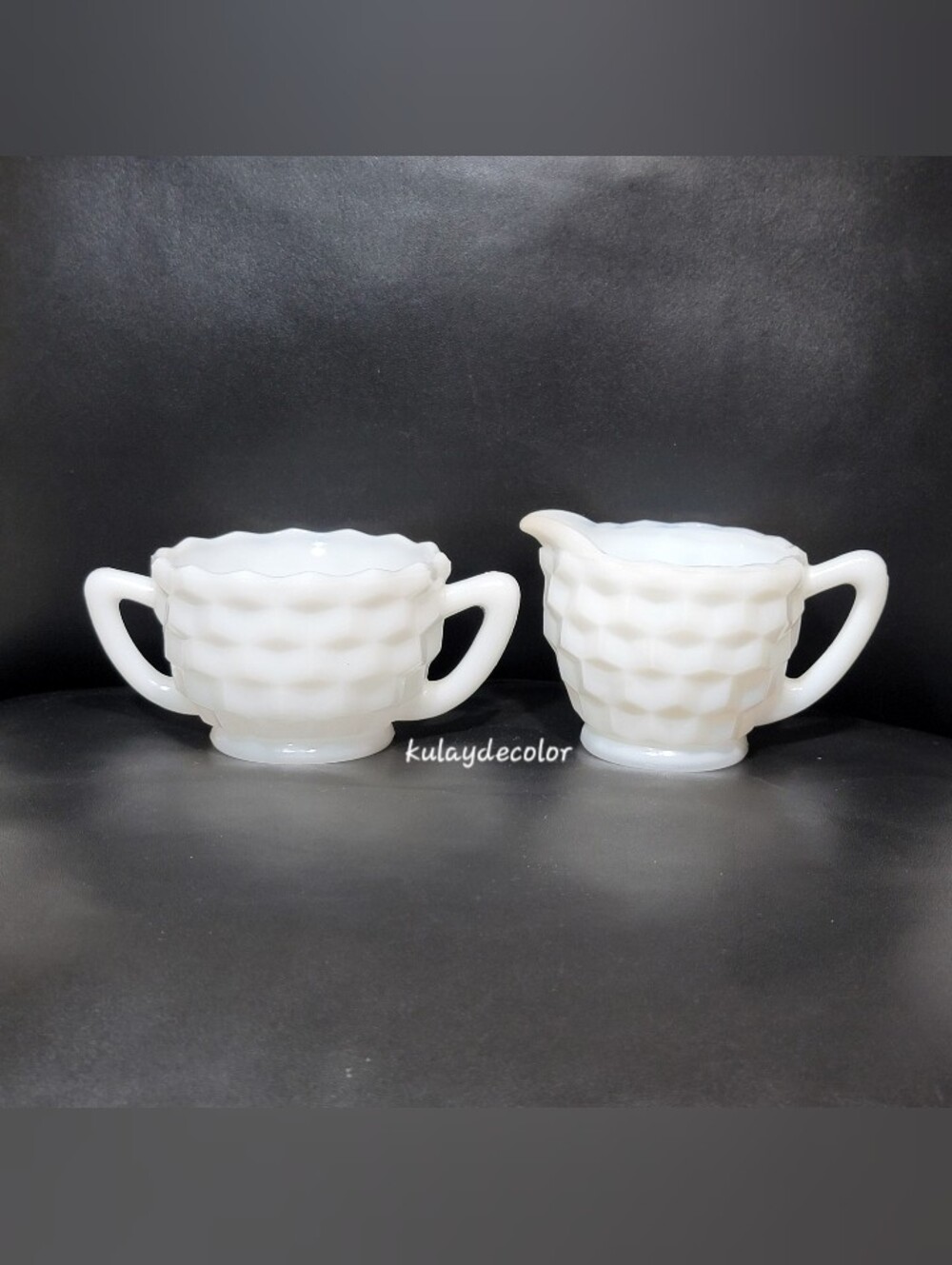 Vintage Jeannette White Milk Glass Creamer & Open Sugar Bowl Set Diamond Quilt